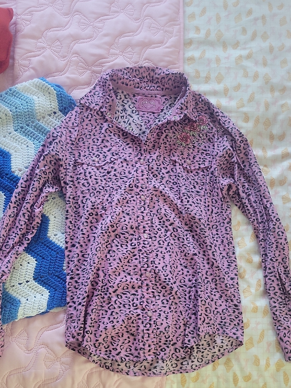 Cowgirl Hardware Pink Leopard Button-Down Shirt with Floral Chest Embroidery